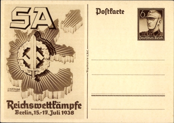 Postal stationery artist PC Axster Heudtlaß, SA Reich competitions Berlin 1938