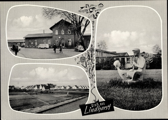 Postcard Lindhorst in the district of Schaumburg, train station, street side, housing estate, sculpture