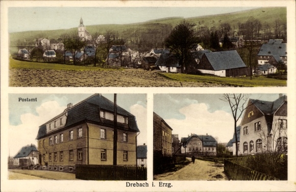 Postcard Drebach im Erzgebirge Saxony, Drebach i. Erzgebirge, post office, landscape with houses, church