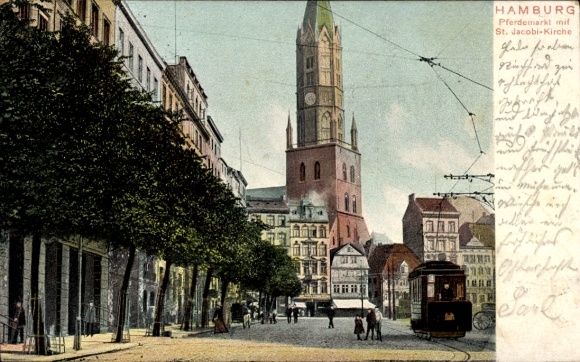 Postcard Hamburg Mitte St. Pauli, Horse Market with St. Jacobi Church