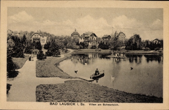 Ak Bad Lausick in Sachsen, Schwanteich, Villen, Wasser, Park, Bäume, Boot, Enten