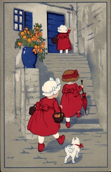 Artist Postcard Döring, Lia ?, girl on a staircase, front door, dog