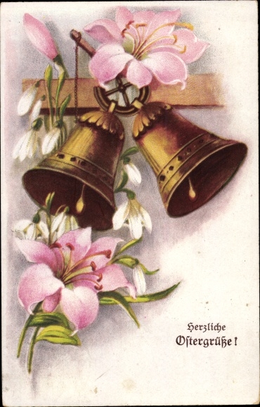 Postcard Happy Easter, bells, snowdrops, lilies
