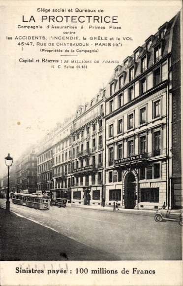 Postcard Parix IX., Siège social et Bureaux de La Protectrice, Cie d'Assurances, Rue de Chateaudun 45-47