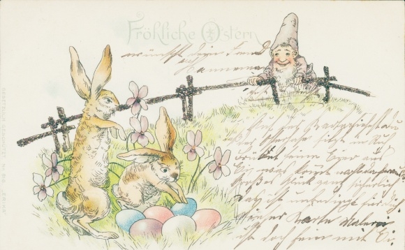 Glitter litho Happy Easter, Easter bunnies, flowers, Easter eggs, dwarf on the fence