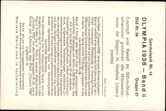 Collection picture Olympia 1936, swimmers, winner H. Maehata