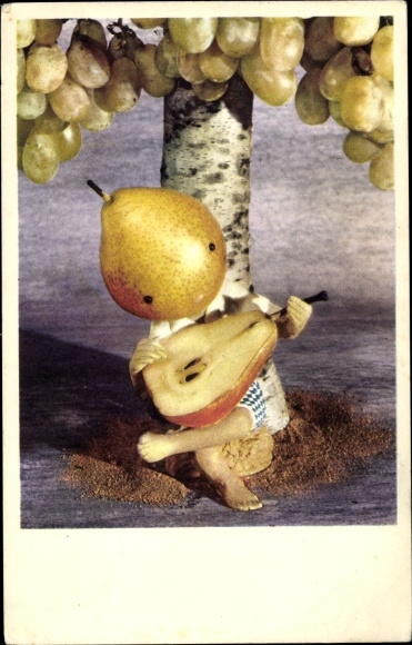 Postcard Humanized pear, grapes
