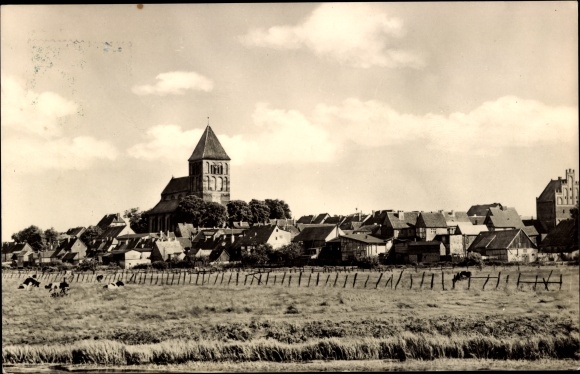 Postcard Tribsees in Western Pomerania, view from the field over the entire town