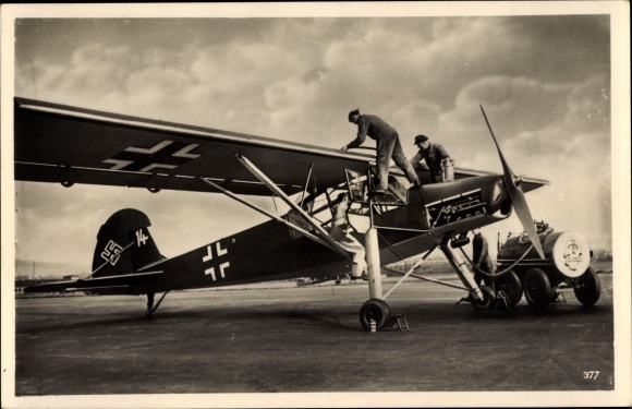 Postcard German Air Force, fighter aircraft Fieseler Fi 156 Storch is refueled