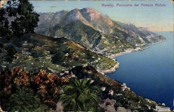 Ak Ravello Campania Italië, panorama van uitzicht vanaf Palazzo Rufolo, kustlandschap