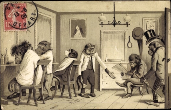 Präge Litho Vermenschlichte Affen beim Friseur, Barbier, Schimpansen