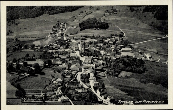 Postcard Freyung in the Bavarian Forest, aerial view of idyllic landscape, buildings
