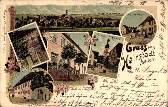 litho Hainstadt Buchen in het Odenwald Baden, algemeen beeld, kerk, landhuis, pastorie, Schwanen