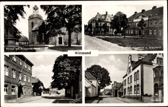 Postcard Wittmund in East Frisia, church, war memorial, district court, district building, market, post office