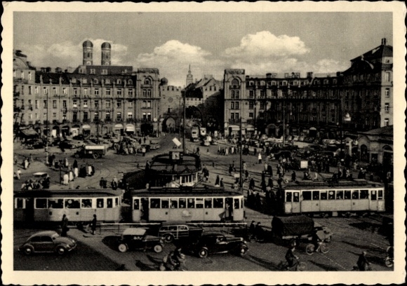 Postcard Munich, traffic on Karlsplatz, Karlstor, tram