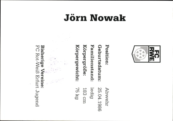 Autograph card footballer Jörn Nowak, FC Rot-Weiß Erfurt, autograph