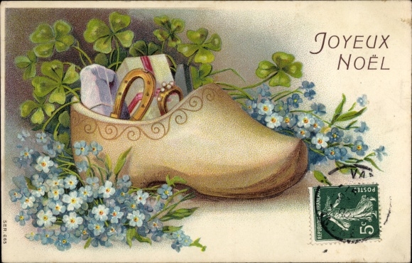 litho met reliëf Gefeliciteerd Kerstmis, houten pantoffels, klavers, vergeet-mij-nietjes, hoefijzer