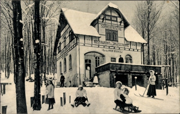 Ak Steinbüschel Ehrenfriedersdorf im Erzgebirge, Restaurant zur Jagdschänke, Winter, Schlitten