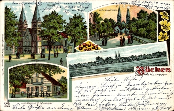 Chromo-Litho Bücken in Lower Saxony, church, commercial building, total view