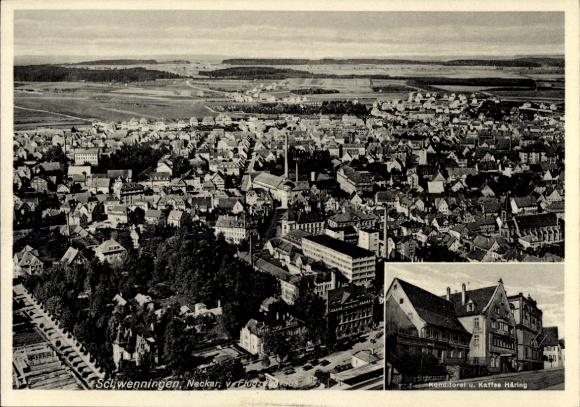 Ak Schwenningen am Neckar, luchtfoto, concertcafé Häring