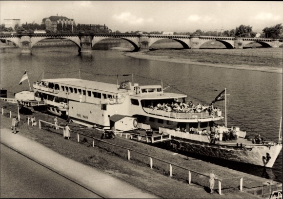 PC Dresden, White Fleet, steamer Karl Marx at the pier, Elbe, bridge