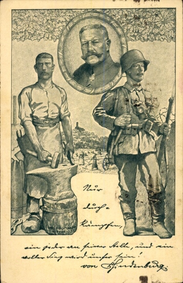 Postwaardestuk kunstenaar ansichtkaart Veldmaarschalk Paul von Hindenburg, smid, infanterist, gasmasker
