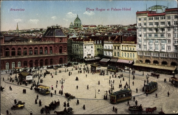 Postcard Brussels, Gare du Nord et Place Rogier, Hotel Palace, trams