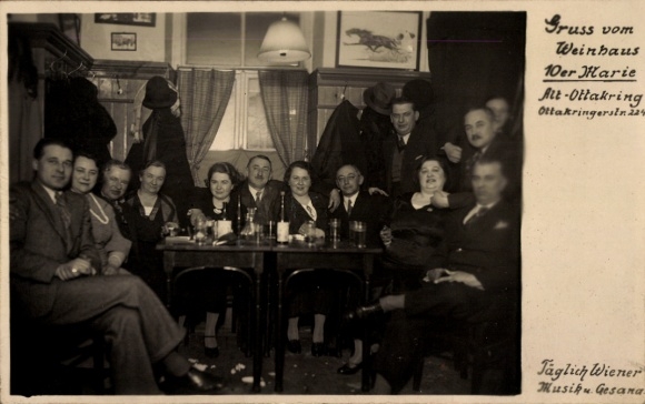 Postcard Wien 16 Ottakring, greetings from Weinhaus 10er Marie, convivial gathering, drinks on the table, ...