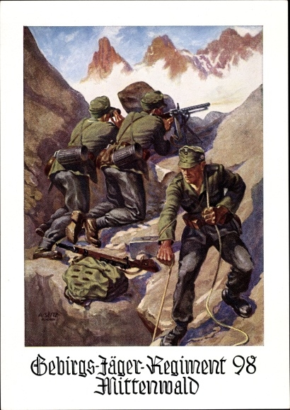 Künstler Ak Seitz, Mittenwald in Oberbayern, Gebirgsjäger Regiment 98, Wehrmacht
