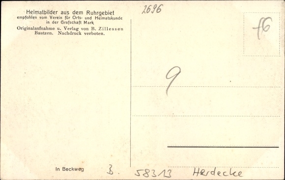 Postcard Beckweg Herdecke an der Ruhr, grazing cow, forests, half-timbered house