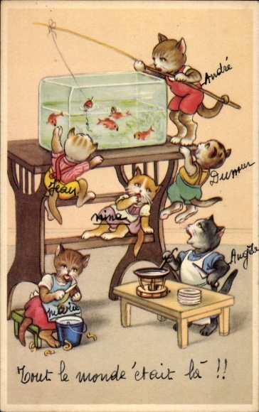 Postcard cats want to catch fish in the aquarium, fishing