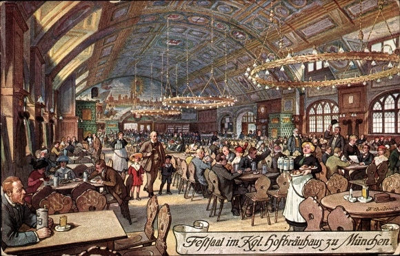 Artist PC Quidenus, F., Munich Bavaria, ballroom in the royal Hofbräuhaus