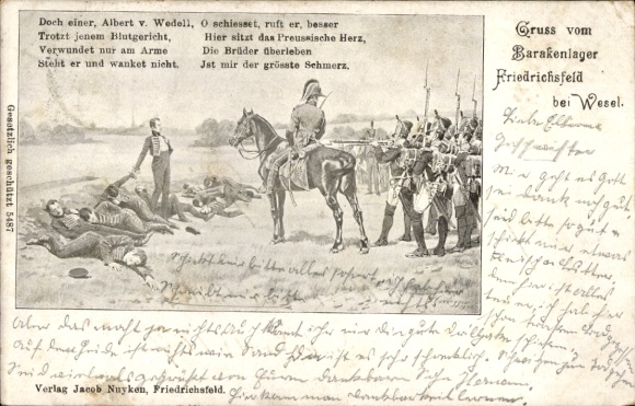 Ak Friedrichsfeld Voerde am Niederrhein, Barackenlager, 11 Schill'sche Offiziere, Gedicht