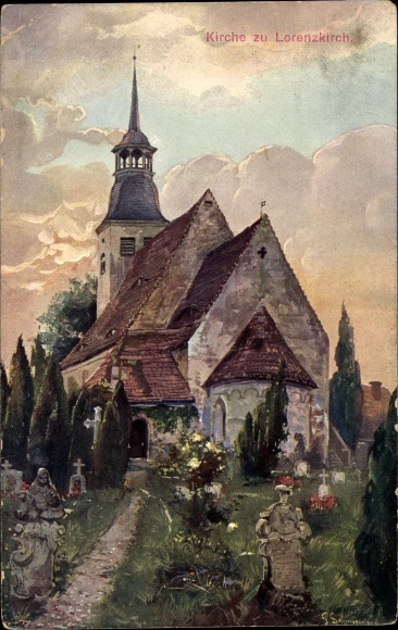 Kunstenaarskaart Lorenzkirch Zeithain in Saksen, kerk, grafstenen