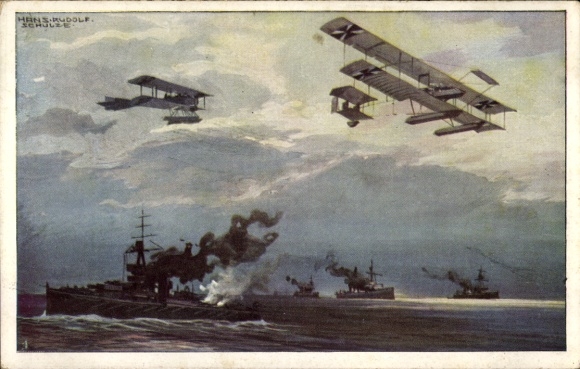 Artist Postcard Schulze, Hans Rudolf, Seaplanes over the English fleet, I. WK