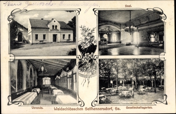 Postcard Seifhennersdorf in Saxony, Waldschlösschen, hall, community garden