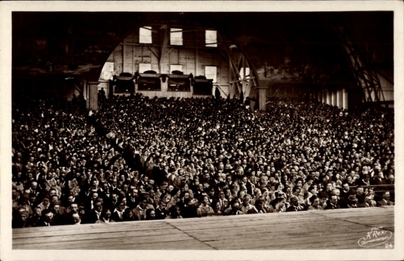 Postcard Oberammergau in Upper Bavaria, festival visitors during the performance