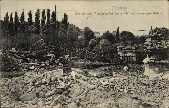 Ak Conflans Sainte Honorine Yvelines, Ruine einer gesprengten Brücke, beschädigte Gebäude, Zerstö