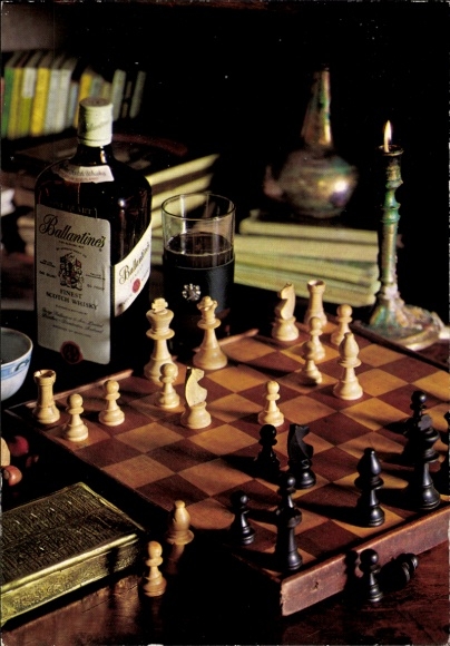 Postcard chess, chessboard, Ballantine's whisky