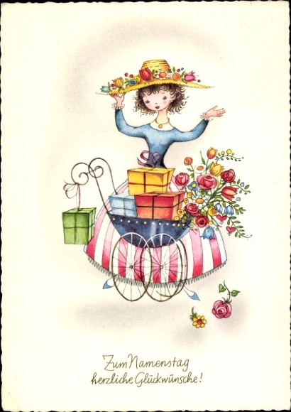 Postcard congratulations name day, young woman, gifts