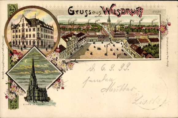 Chromo-Litho Wilsdruff in Saxony, town hall, market square, church St. Nicolai