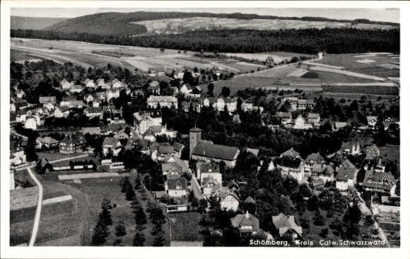 Ak Hirschhalde Bad Dürrheim im Schwarzwald Baar Kreis, Luftbild von Schömberg, Kirchengebäude, lä