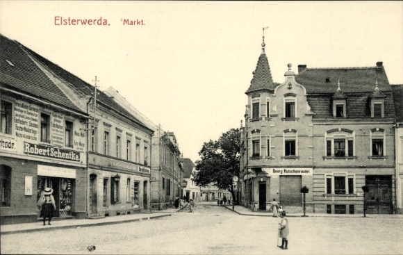 Postcard Elsterwerda, market, clothing Robert Schentke