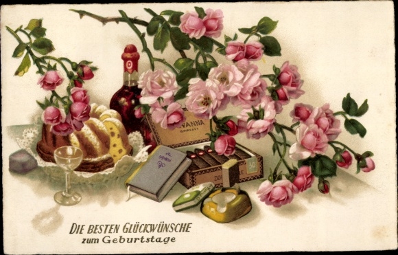 Postcard Happy Birthday, red roses, cake, cigars