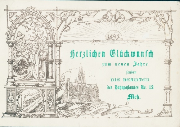 Postkantoor Nieuwjaarsgroet - de ambtenaren van het spoorwegpostkantoor nr. 12 in Metz, Frankrijk 1897