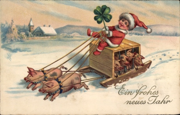 PC Happy New Year, sleigh with pigs, child, cloverleaf
