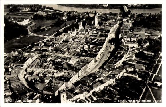 Postcard Mühldorf am Inn Upper Bavaria, aerial view of the city