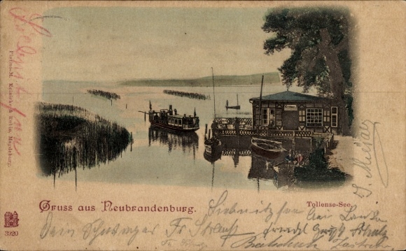Postcard Neubrandenburg in Mecklenburg, lake view, boats, buildings on the water, Tellense Lake