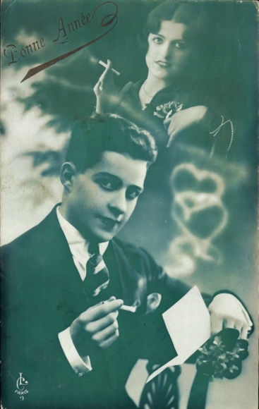 Postcard Happy New Year, man and woman smoking