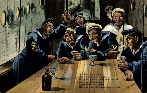 Künstler Ak Blossfeld, K., Marinesoldaten am Tisch, Weinglas, Geschichtenerzähler